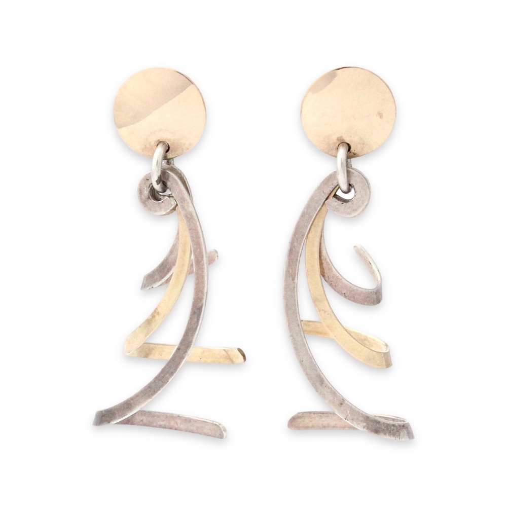 Vintage Sterling Silver & 14K Gold Filled Dangle Earrings Two Tone Long Spiral